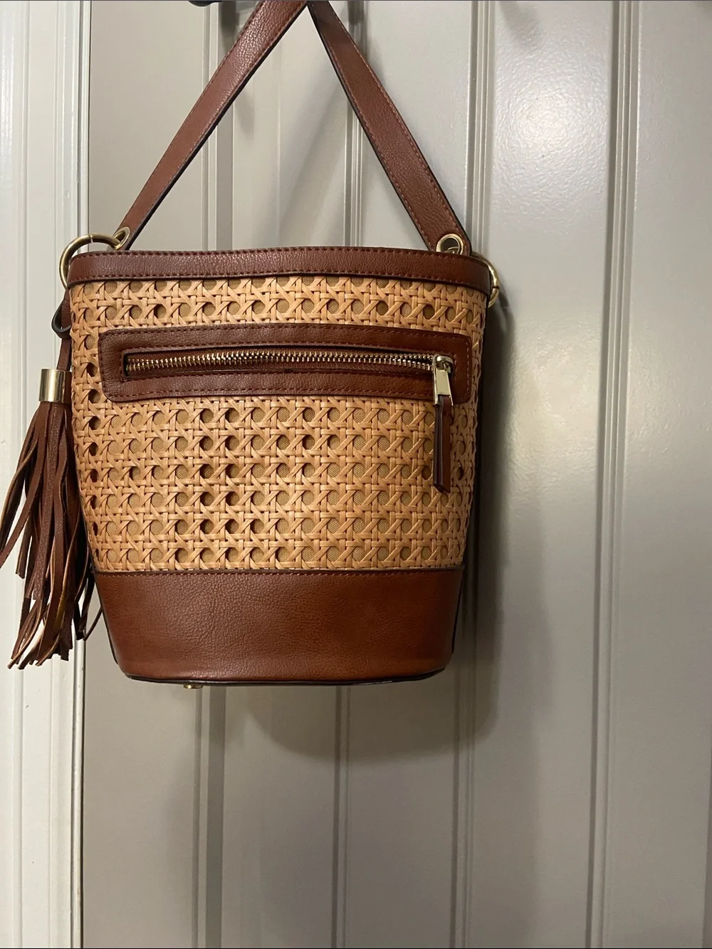 Woven Rattan & Brown Leather Bucket Bag with Tassel